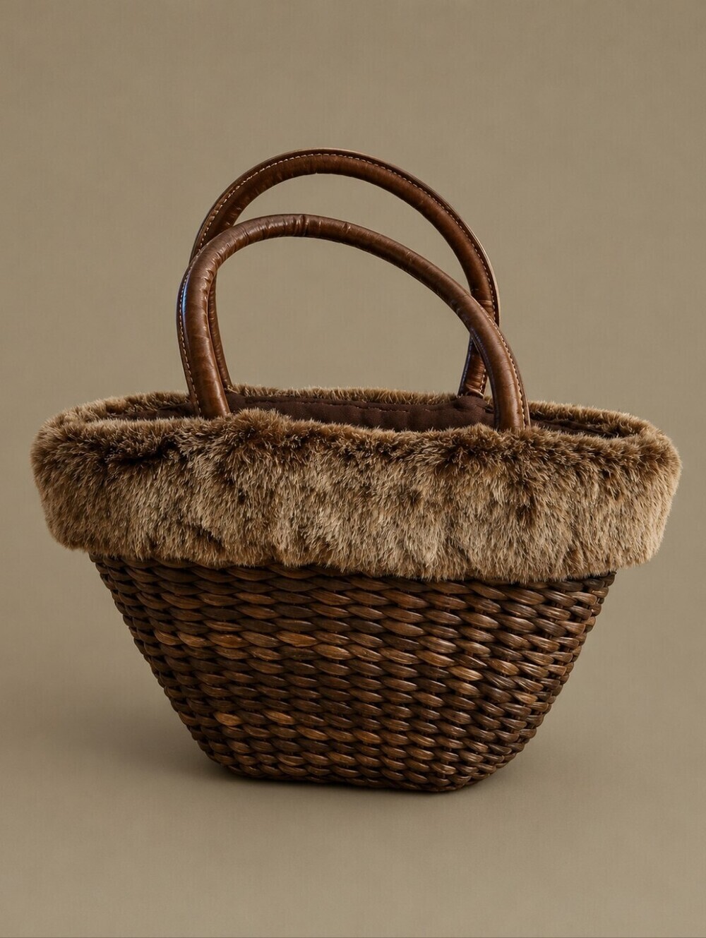BATH & BODY WORKS Brown Faux Fur Wicker Tote Basket Bag